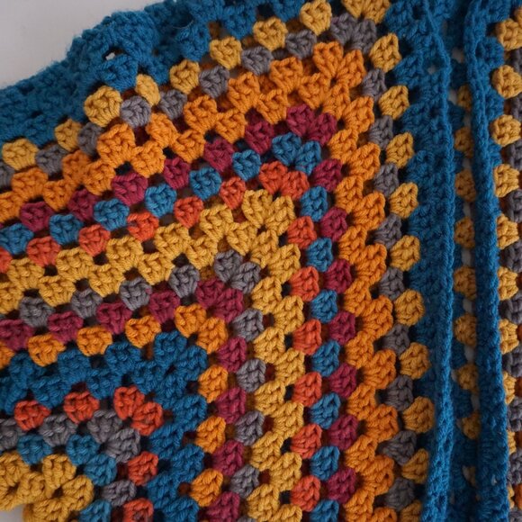 VTG Handmade Crochet Granny Square Cardigan Teal Mustard Retro Boho Sweater L - Picture 10 of 11